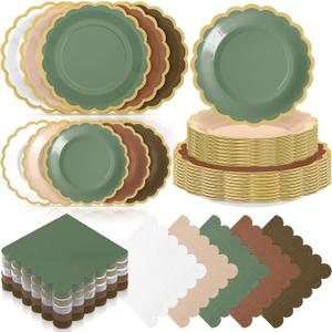 Zhehao 150 Pcs Woodland Plates and Napkins Tableware Serves 50 Includes 9 Inch 7 Inch Green and Brown Scalloped Design Paper Plate and Napkins for Wedding Birthday Baby Shower Party
