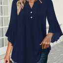 Angerella Ladies Tops & Blouses Dark Blue Office Attire Blouses Casual Business Shirts Plus Size Professional Formal Interview Clothes Relaxed Ruffled 3/4 Length Sleeve Chiffon Outfits Loose Fit S (Blue, S)