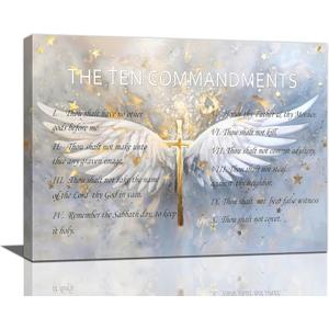 The Ten Commandments Wall Art for Living Room The 10 Commandments Wall Decor Christian Bible Verse Scripture Pictures Church Decor Canvas Prints Motivational Framed Artwork Framed for Bedroom 16"x12" (Wings)