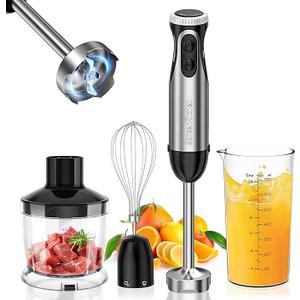 Bonsenkitchen Stainless Steel Hand Blender, 4-in-1 Stick Blender 1000W, 20 Speed Adjustable, with Whisk, 500ml Chopper and 700ml Measuring Cup, Food Processor (HB3203)