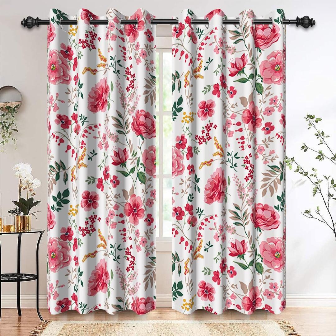 Renaiss Pink Rose Floral Curtains Red Peony Flowers Blackout Window Curtains for Bedroom Thermal Insulated Living Room Window Drapes 42W x 84L Inches 2 Panel Set, Grommet Top