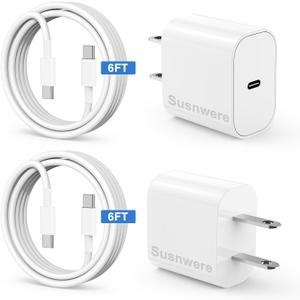 Susnwere iPhone 15 Charger 6 Ft with 20w USB C Charger Block,2-Pack 20W Fast Wall Charging for 15/15 Pro/Pro Max/iPad Pro AirPods/Samsung and More, with 2 Pack 6ft USB-C Cable