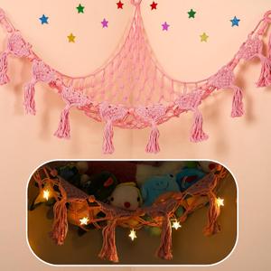 Stuffed Animal Hammock Corner - 56'' Jumbo Handcrafted 5mm Double Macrame Cord Stuffed Animal Net - 100% Natural Cotton Toy Hammock Holder - Pink Stuffy Hammock Plushie Net w/LED Star Light (XX-Large Wood Bead Style)