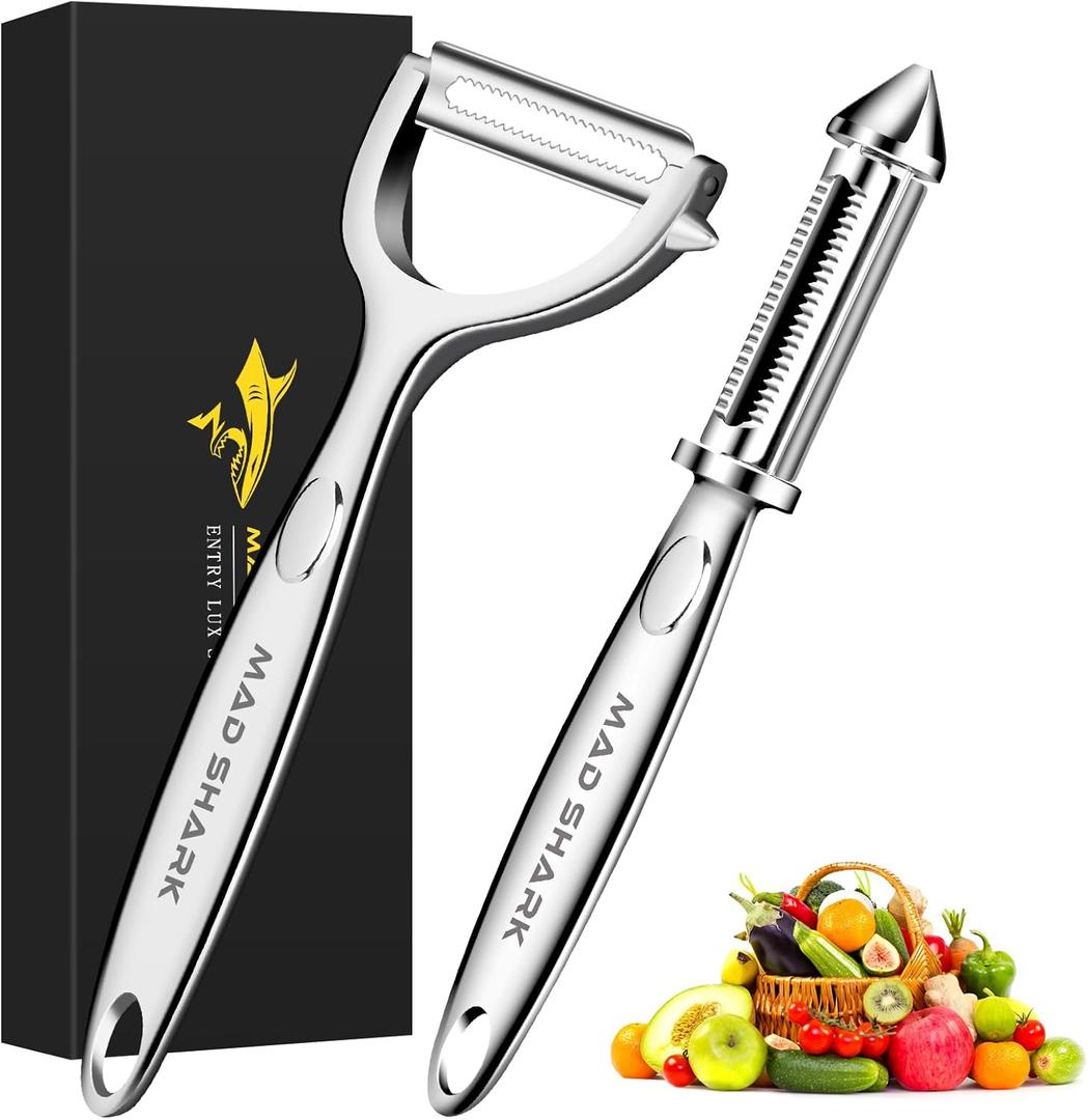 MAD SHARK Ultra Sharp Vegetable Peelers for Kitchen Fruit Apple Potato Peelers,Design with Ergonomic Non-Slip Handle, Y+I Shaped Stainless Steel Serrated(2pc)