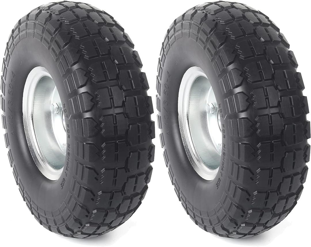 AR-PRO (Pack of 2) 10-Inch Solid Rubber Tire Wheels - Replacement 4.10/3.50-4" Flat Free Tire with 5/8" Bearings, 2.2" Offset Hub - Compatible with Hand Truck, Wheelbarrow, Dolly, Gorilla Carts (Silver)