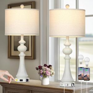 28" Farmhouse Lamps Set of 2, Vintage 3-Way Dimmable Touch Control Table Lamps with USB A+C Fast Ports & AC Outlets, Rustic Traditional Classic Bedside Nightstand Lamps for Living Room Bedroom White