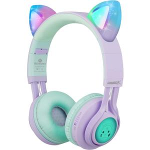 Riwbox Kids Wireless Headphones, CT-7S Cat Ear Bluetooth, 85dB Volume Limiting, LED Light Up Over Ear with Microphone for Laptop/PC/TV (Purple&Green)
