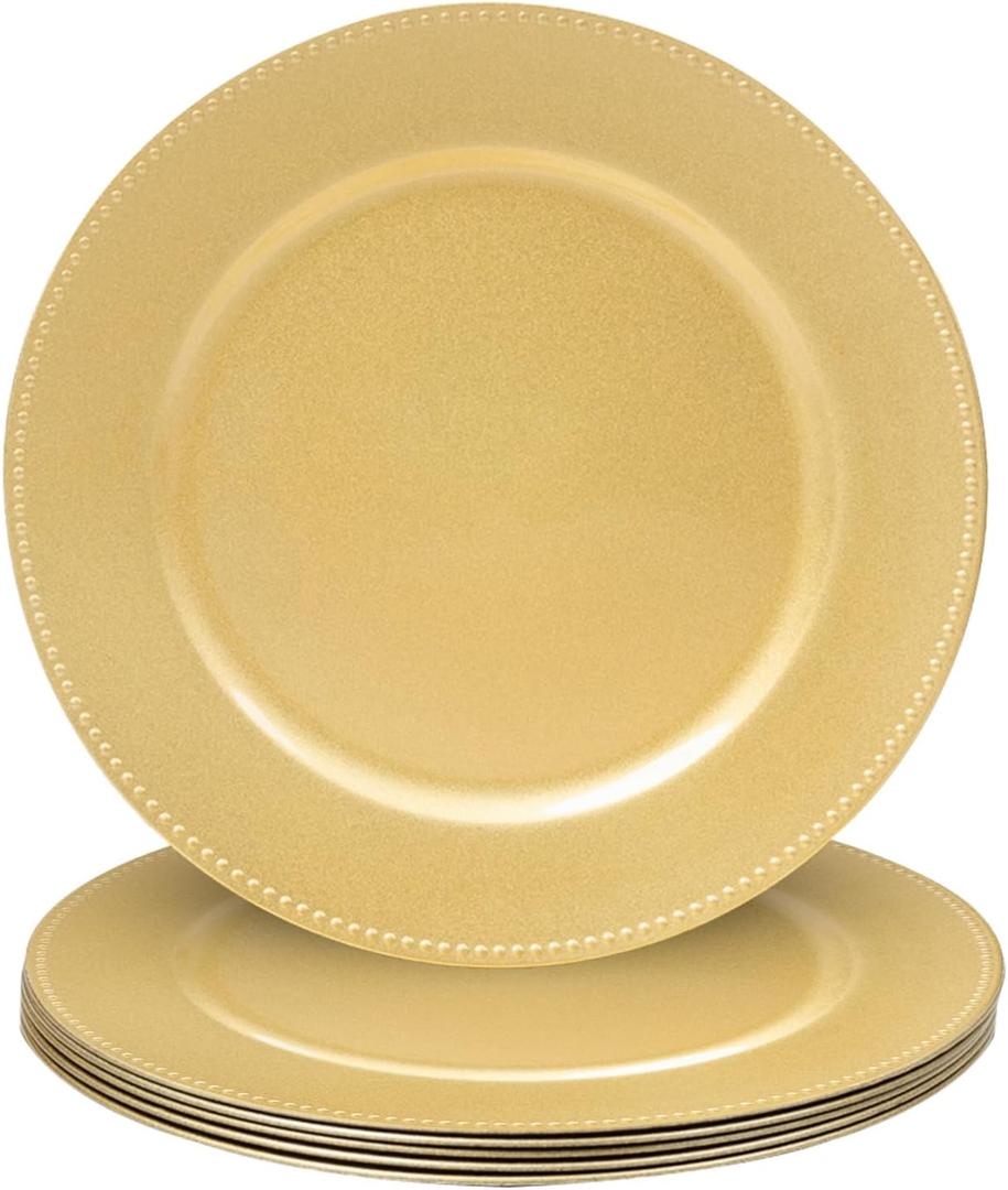 MAONAME 13" Gold Charger Plates Set of 6, Round Charger for Dinner Plates, Plate Chargers with Beaded Rim, Plastic Table Chargers for Wedding, Party