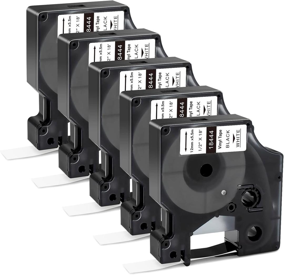 BEYONDTEK 18444 Vinyl Label Tape Work with DYMO Rhino 4200 5200 Label Maker Replacement for Dymo 18444 Rhino Industrial Permanent Vinyl Industrial White 1/2"x18' Work with DYMO Rhino 5000 6000,5Packs