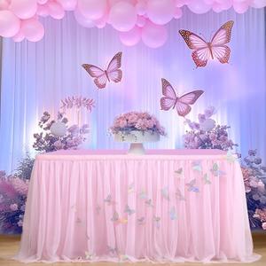 9ft Pink Butterfly Table Skirt for Rectangle Tables or Round Tables Tulle Tutu Table Skirt for Butterfly Theme Baby Shower Girls Birthday Party Wedding Cake Dessert Table Decorations