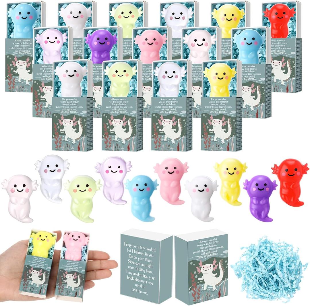 Wettarn 20 Sets Axolotl Positive Gifts Cute Stress Balls with Support Gift Boxes Inspirational Party Favors for Employee Coworker Friends Office Appreciation Relief Toys