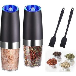 Gravity Electric Salt and Pepper Grinder Set, Battery Operated, Automatic Salt and Pepper Mills with Blue Light(Black, 2pcs/Pack), Adjustable Coarseness,One Handed Operation,Cleaning Brush