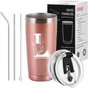 Letter L Insulated Travel Cup with Lid, Personalized Initial Mugs for Women, Letter L Gift Coffee Mugs for Women, Wife, Mom, Grandma, Bridal Shower Gifts, 20 OZ Rose Gold Two Lids