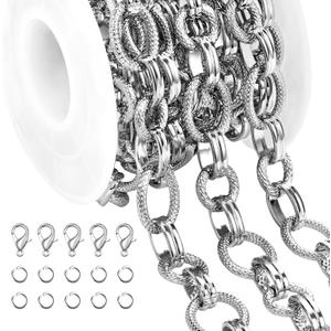 Jabogrii 2 Meters Silver Oval Rolo Chain Bulk for Jewelry Making Embossed Metal Chain Roll DIY Craft Jewelry Making Supplies