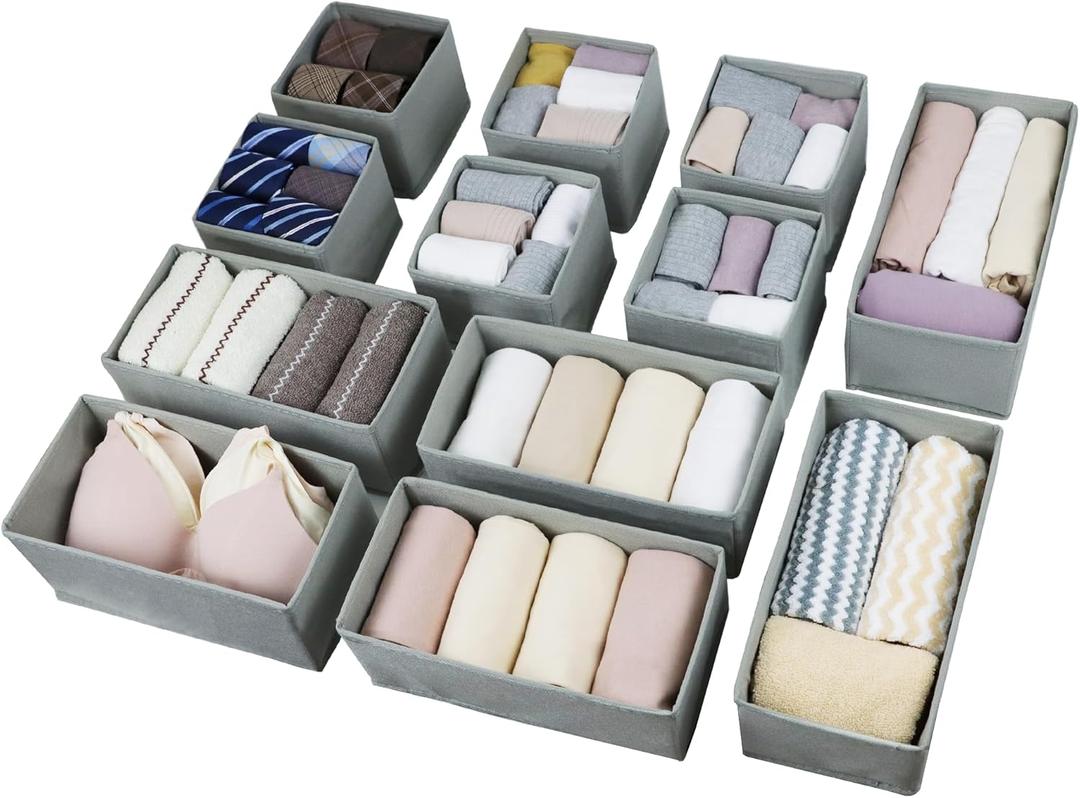 Drawer Organizer Clothes, Foldable Fabric Dresser Organizer Closet Organizers and Storage Box for Underwear,Folded Clothes,Baby Clothing,Socks,Bra,Towels,Ties(6M+6S,Gray)