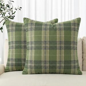 AVOIN colorlife Spring Summer Green Khaki Plaid Decorative Throw Pillow Covers, 18 x 18 Inch Holiday Scottish Tartan Cushion Case Farmhouse Decoration for Sofa Couch Set of 2