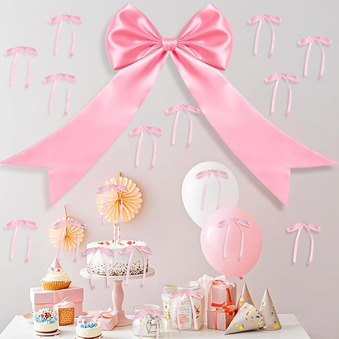 Riceshoot Pink Satin Bows Set 2 Sizes 45 Pcs Wall Decoration, 16''x 32'' Big Bow and 24 Pcs 5''x7'' Ribbon Twist Tie DIY Photo Backdrop for Birthday Wedding Holiday Coquette Party Room Decor