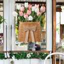 Spring Tulip Basket Wreaths for Front Door with 15 Artificial Tulip 19 Inch and Woven Floral Hanging Basket Pink White Flower Wreath for Spring Easter Wedding Rustic Farmhouse Window Porch Decor