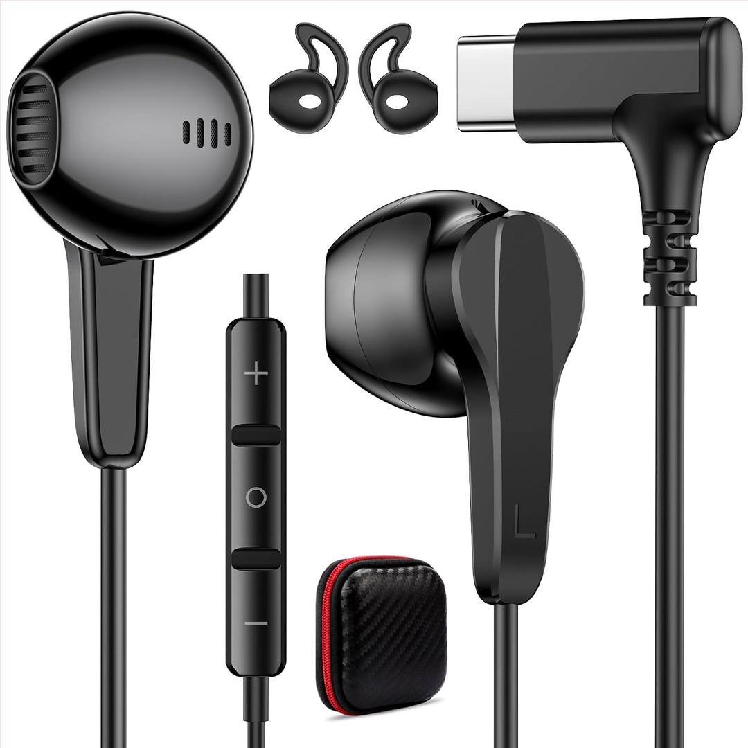 USB C Earbuds Wired Headphones 90° Right Angled Plug in USBC Ear Buds for Apple Headphone Laptop Computer Wire Corded Earphones for iPhone Air 17 17e 16 16e 15 for Samsung S26 Ultra S25 S24 S23 Black