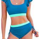 Jolefille High Waisted Bikini Sets for Women Tummy Control Swimsuit 2 Piece Color Block Ruffle Bathing Suits Teens L