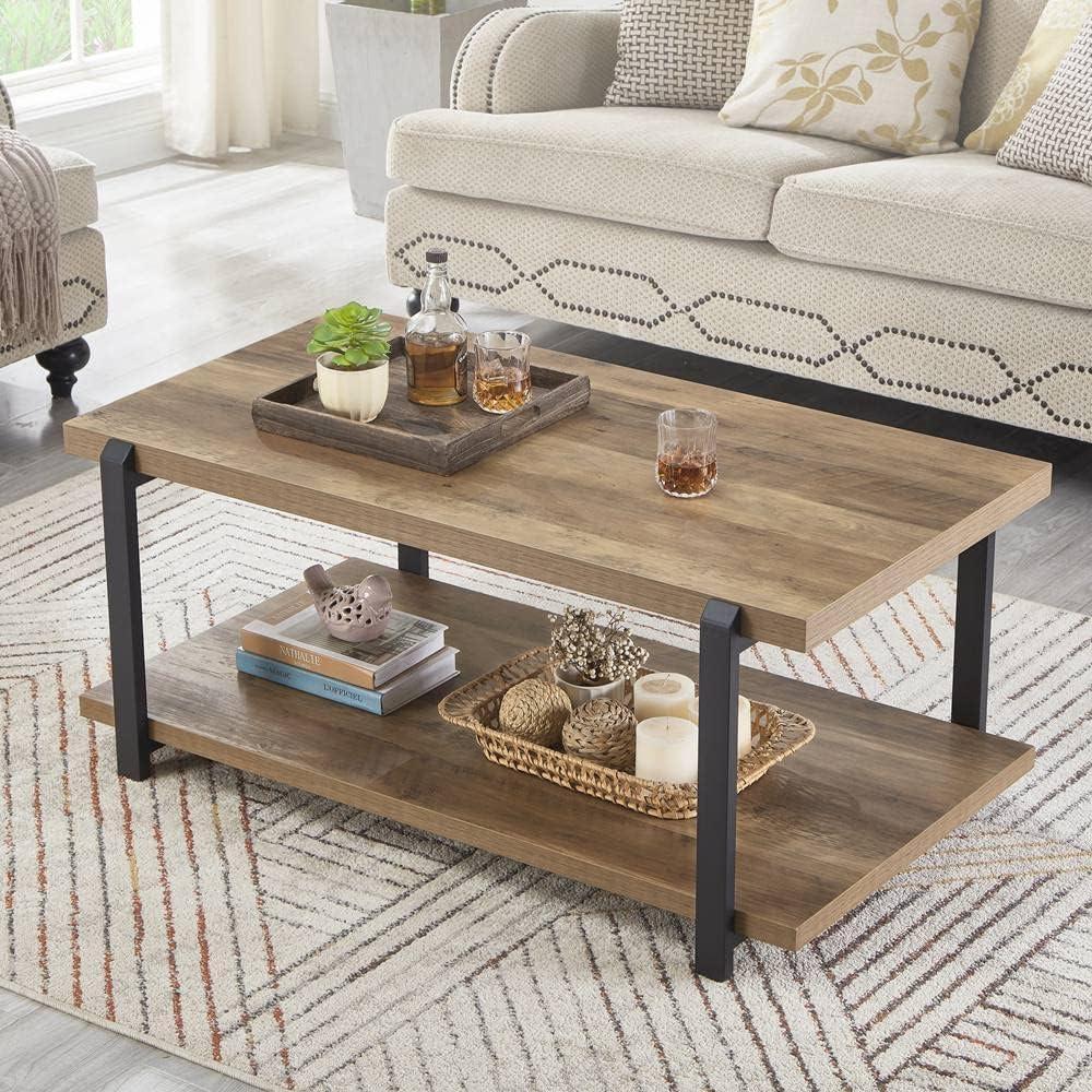 FOLUBAN Industrial Coffee Table with Shelf, Wood and Metal Rustic Cocktail Table for Living Room, Oak, 42.1 inch