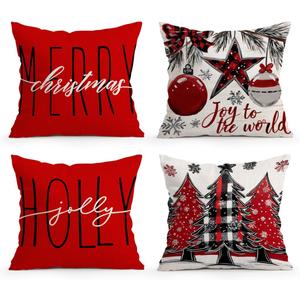 ORMAN Merry Christmas Xmas Trees Red Throw Pillow Covers, 18 x 18 Inch Christmas Winter Holiday Cushion Case Decoration for Home Sofa Couch Set of 4
