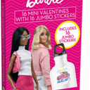 Barbie 16 Mini Valentines with 16 Jumbo Stickers. Pack of 3