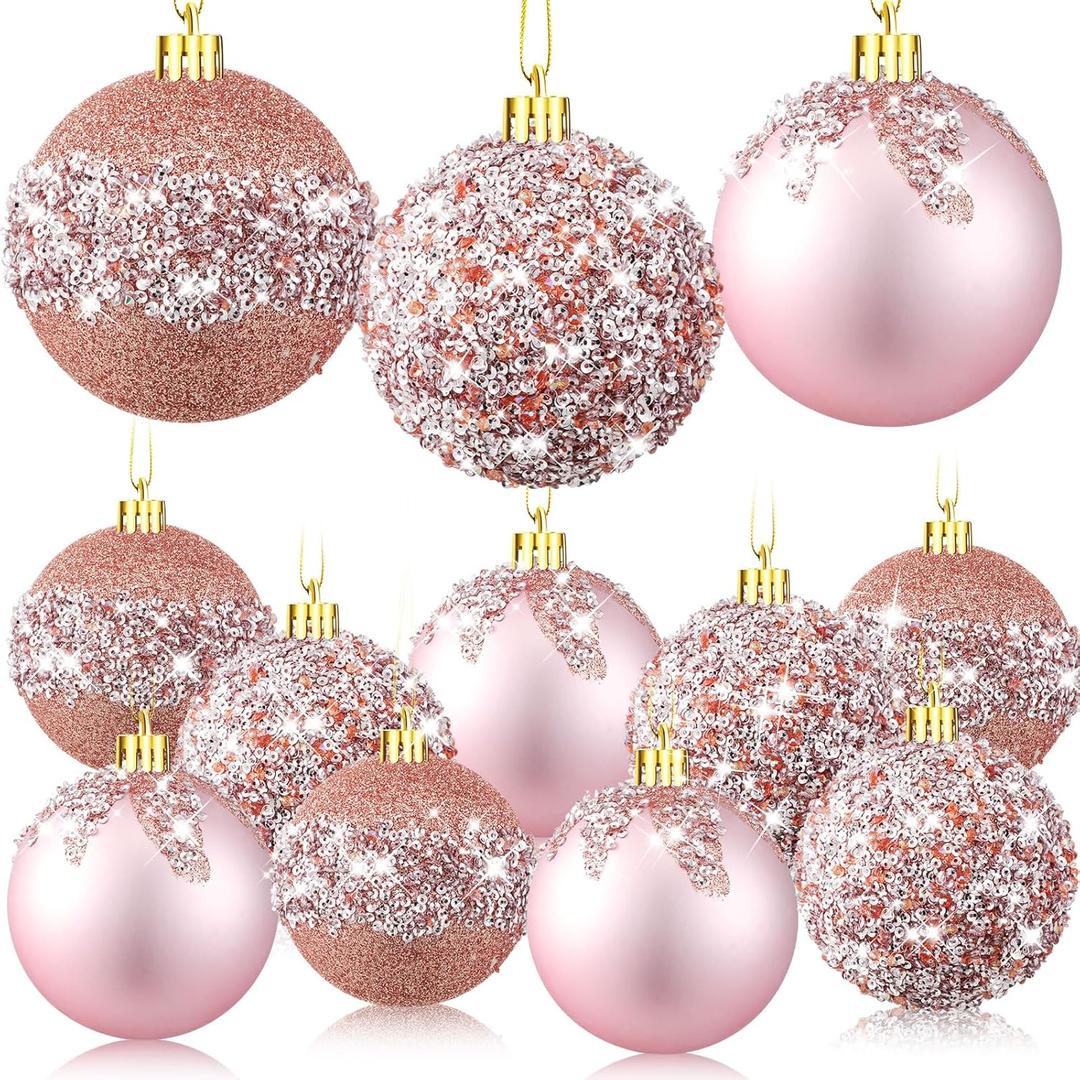 Syhood 12 Pieces Glitter Christmas Ball Ornaments Rhinestone Sequin Christmas Decorations Hanging Plastic Balls for Xmas Trees Wedding Party Holiday Decorations (3.15 Inch, Rose Gold)