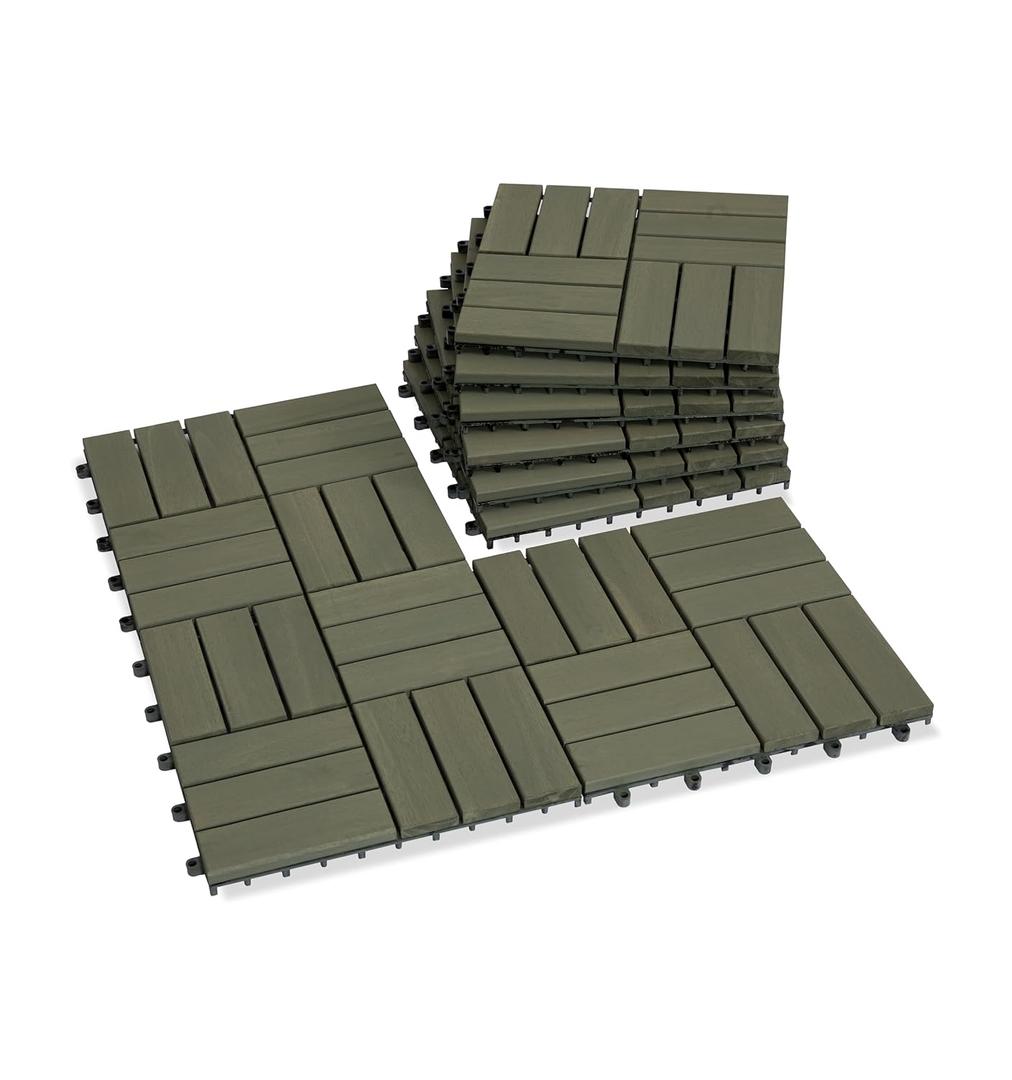 Acacia Wood Decking Tiles 9PCS - Easy Snap Interlocking Deck Tiles for Patio Poolside Balcony Decor - All Weather Waterproof Flooring for Indoor & Outdoor (Round Joints) (9 Pcs - 8.7 Square Ft, Muted Green-12 Slats)