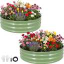 Galvanized Raised Garden Bed Outdoor 2Pcs | 4x4x1ft Metal Raised Beds for Gardening with Safety Rubber Strip | Round Planter Box for Plants Like Vegetables Fruits Flowers, Olive Green