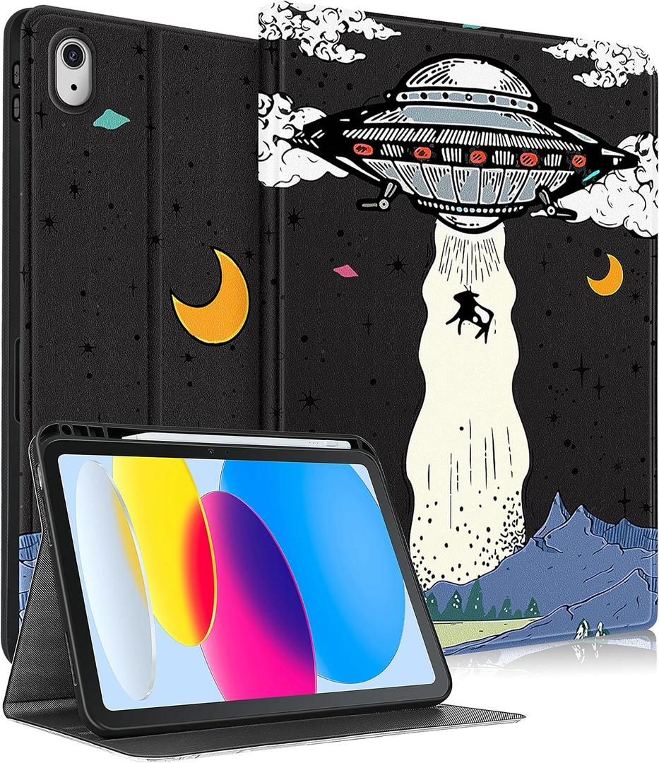 for iPad 10th Generation Case 10.9 Inch, for iPad 11th(A16) 2025 Girls Cute Boys Kids Women Folio Cover with Pencil Holder UFO Cool Design Funny Fun Men Teens Tablet Cases for Apple 10/11
