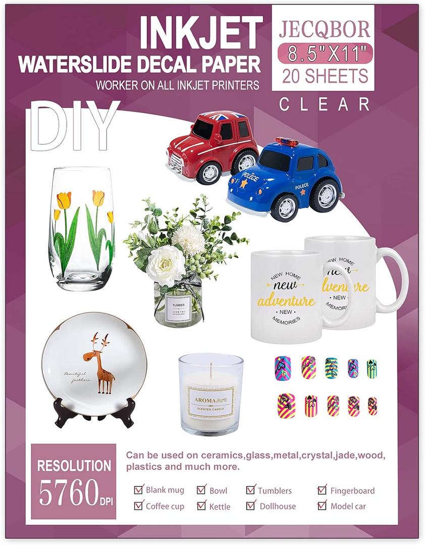 20 Sheets Waterslide Decal Paper Inkjet Clear,8.5X11 Inch Water Slide Transfer Paper Transparent Printable for Tumblers,Ceramics,Plastics,Glasses,DIY