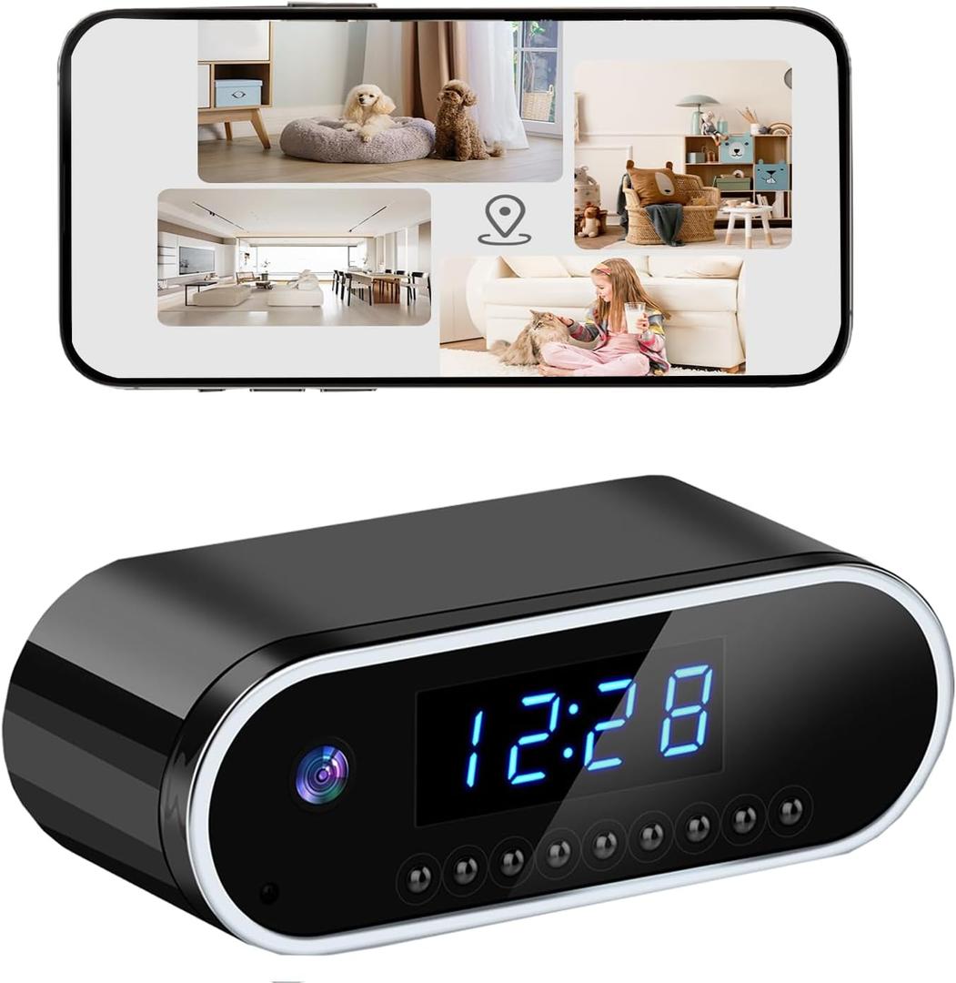 Wireless Hidden Camera Clock, 1080P HD Nanny Cam with Auto Night Vision for Home Monitoring, Indoor Motion Detection & Phone Alerts, 24H Display, Rechargeable Battery