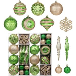 Hollyone Green and Champagne Christmas Balls Ornaments Set, 50pcs Large Glitter Shatterproof Christmas Snowflakes Ornaments Bulk Decoration Hanging Ball for Xmas Tree Wreath Garland Wedding Home Decor