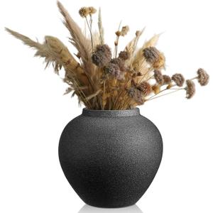 Mimorou Black Ceramic Decorative Flower Vase 8.27" x 8.66" Textured Round Rustic Pottery Vintage Large Vase for Home Decor Centerpieces Living Room Christmas Decoration