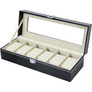 Watch Box Organizer for Men Watch Case 6-Slot PU Leather Watch Storage Real Glass Lid Jewelry Watch Holder Soft velvet Watch Display Case for Men Women Birthday Fathers Day Valentine's Day Gifts