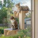 Pecute Double Cat Shelves with Scratching Post for Wall and Window with Solid Wood, Strong Suction Cup, Washable Cover Mat, Cats Perch Bed for Birds Watching Inside Indoor Cat Hammock Bed (Double Layer Carpet M(15.7"L x 10.2"W))