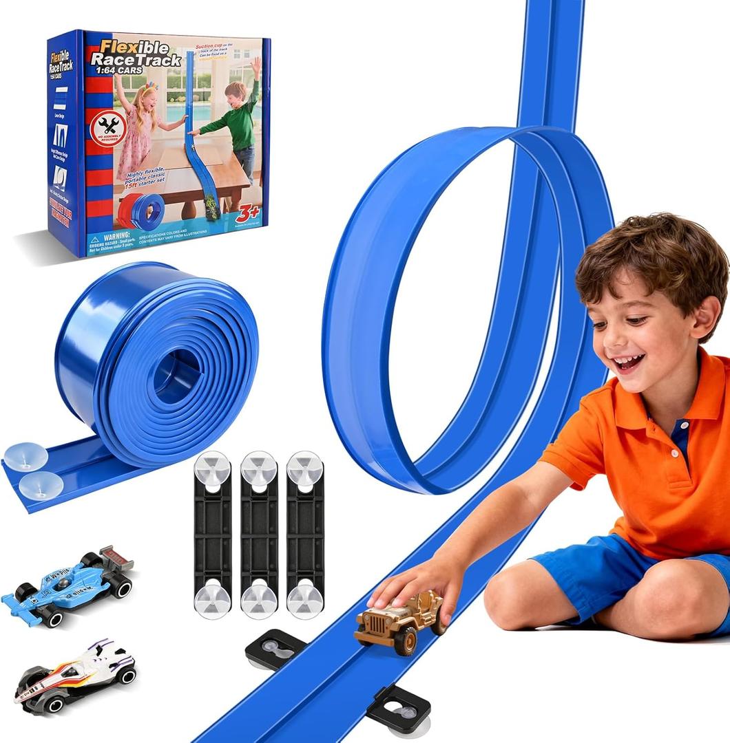Flexible Race Car Track for Kids, 15Ft Race Track Toy with Suction Cups & 2 Alloy Cars & 3 Anchors, Compatible with Hot Wheels and Diecast 1/64th Cars for Ages 3 +, Rolls Up Portable Racetrack