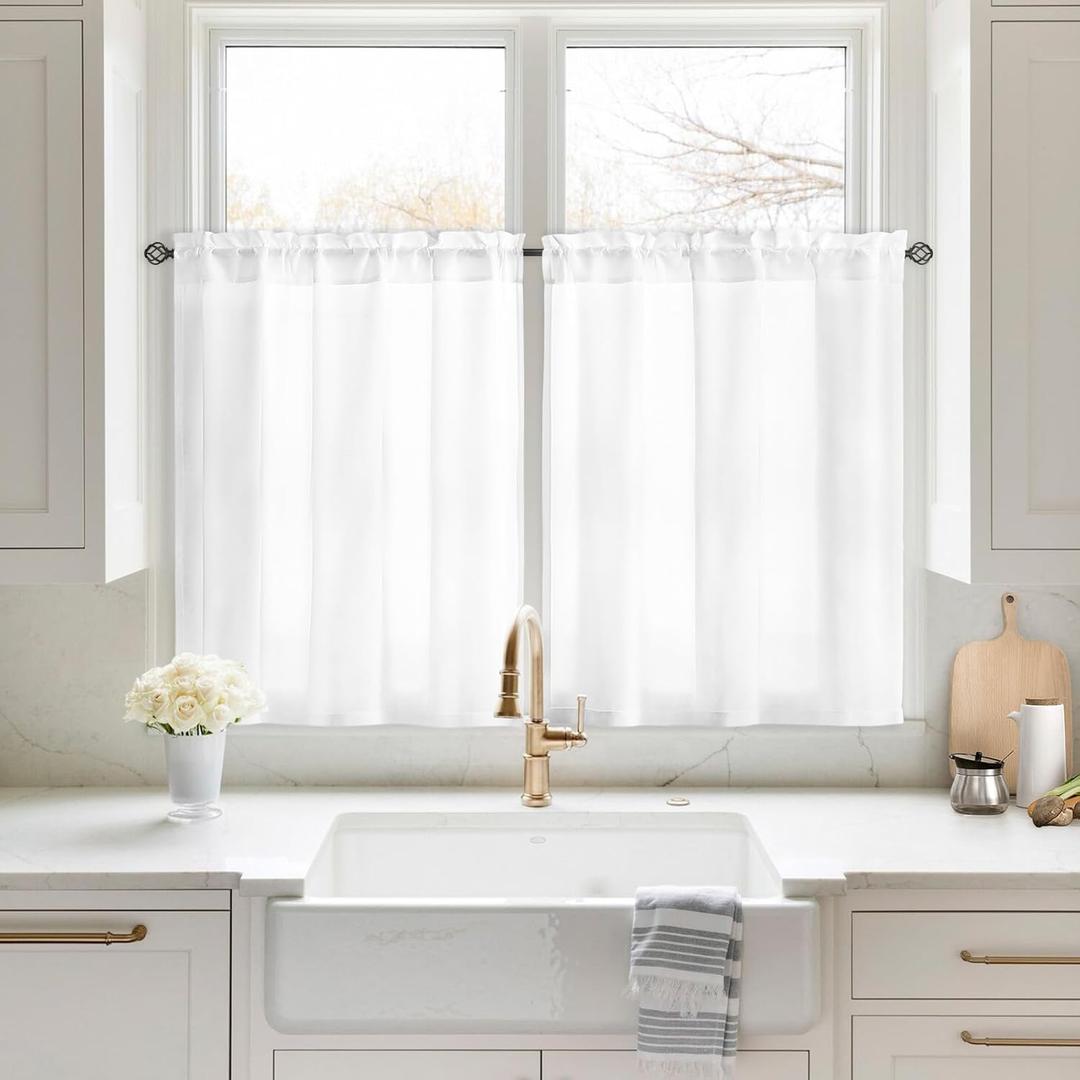 HOMEIDEAS Non-See-Through White Privacy Sheer Kitchen Curtains, 26X70 Inches Long 1 Panel Short Sheer Curtains Light Filtering Bathroom Window Drapes for Bedroom Living Room