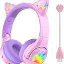Riwbox CF9 Cat Ear Kids Bluetooth Headphones with LED Light Up,Safe 85dB Volume Limit,Built-in Mic&Boom Mic for Calls,Kids Wireless&Wired Headphones for Tablet/Airplane/School/Online Learning (Purple)