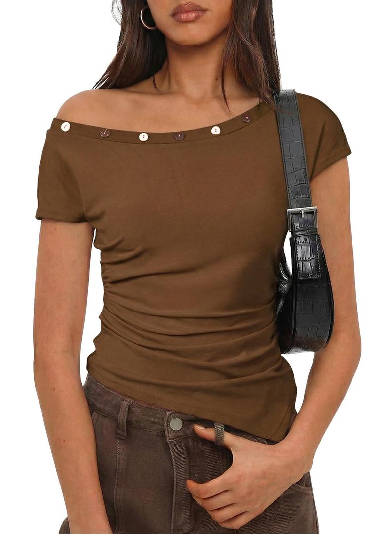 SHEWIN Women Tops Summer Short Sleeve Shirts Dressy Casual Sexy Boat Neck Tshirt Trendy Date Night Off Shoulder Blouses 2026 Going Out Clothes Size L, Brown (Brown, L)
