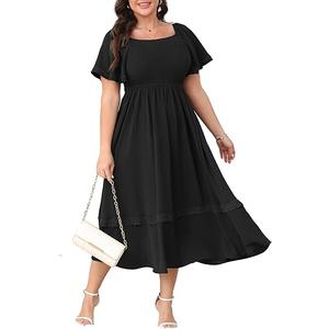 Maxi Dresses for Curvy Women Short Sleeve Square Neck Smocked Flowy Formal Wedding Guest Dress Lace Trim Black, 4XL