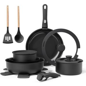 Ceramic Nonstick Cookware Set, Healthy, Non Toxic, 17-Pieces Pots and Pans Set Removable Handles, Induction RV Kitchen Set, Stain & Scratch-resistant, Dishwasher/Oven Safe, PFAS/PFOA Free, Black
