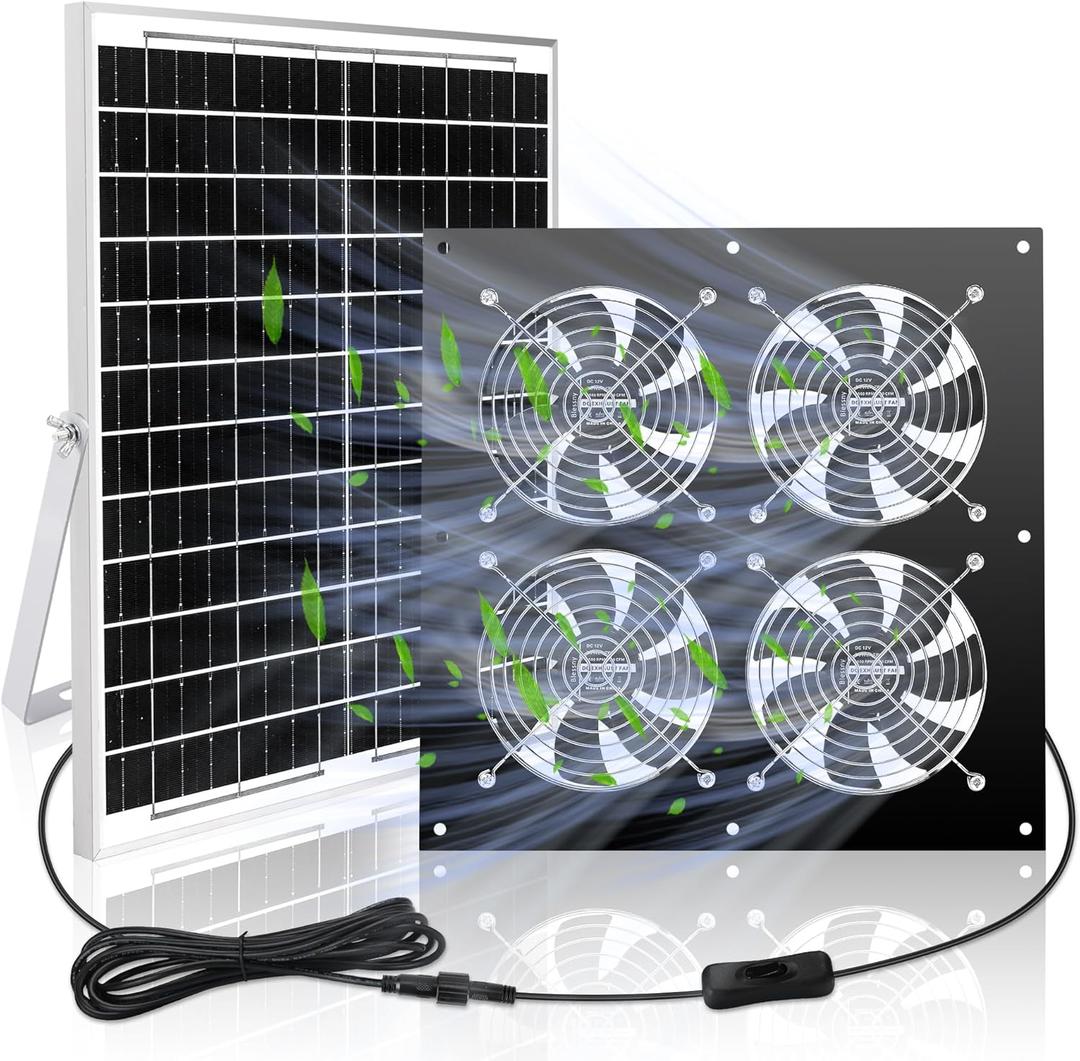 blessny Solar Fan Kit, 25W Solar Panel Powered Fan for Outside Chicken Coop, Greenhouse, with Four 5.5 Inch Bigger Fans for Intake or Exhaust Air, 15 ft Cord, IP67 Waterproof, 3500RPM