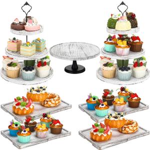 Havawish 6 Pcs Wood Dessert Table Display Set, 3 Tier Wooden Cupcake Stand Round Cake Stand Rectangular Serving Tray Platter for Display Tea Party Wedding Farmhouse(White Color)