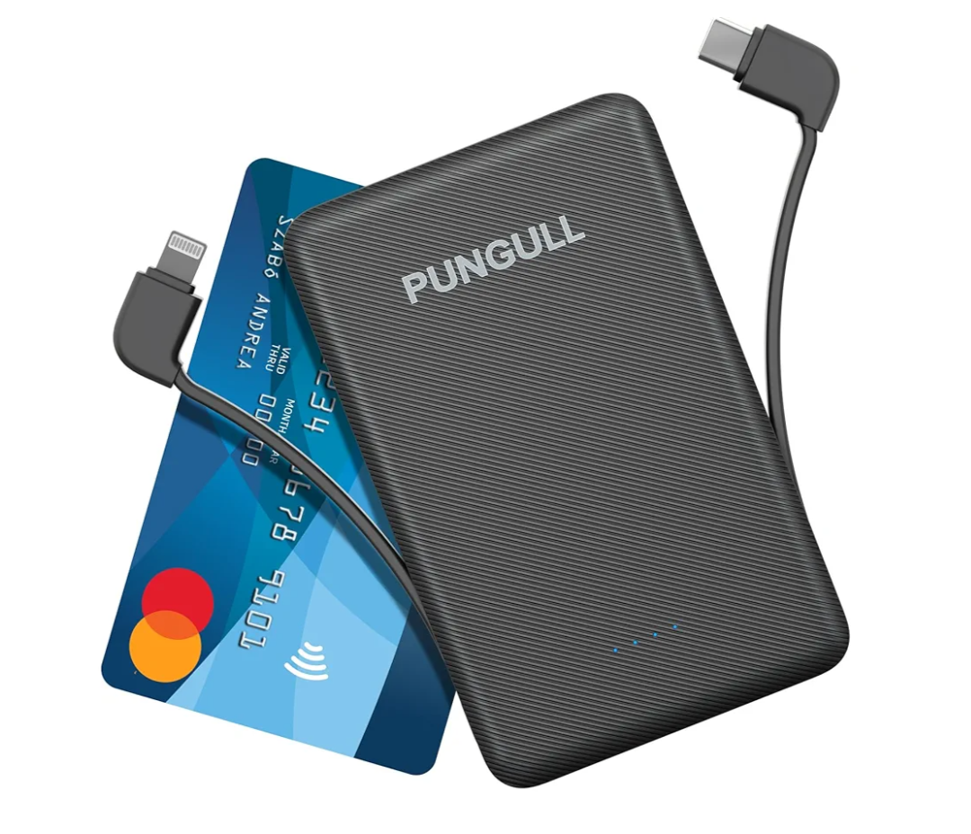 Slim Portable Charger 5000mAh - Compact Mini Small Power Bank Built-in Cable Cute Mobile Cell Phone External Battery Pack 5V 2.1A USB-C Compatible with iPhones 6/7/8/X/XS/XR/11/12/13/14 Airpods