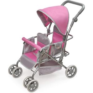 Badger Basket Double Doll Stroller - Pram for Baby Doll with Adjustable Seats & Storage Basket - Fits Doll Up to 20 Inches - Best for Toddler and Kid Pretend Play Ages 3 and Up - Pink/Grey