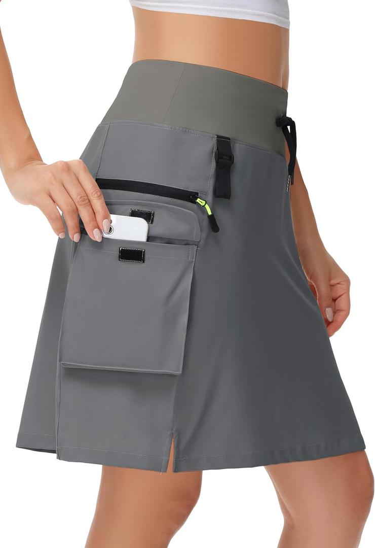 20" Women's Hiking Cargo Skorts Skirts with Zipper Pockets Knee Length Golf Tummy Control Quick Dry Long Skort (X-Large, Dark Gray)