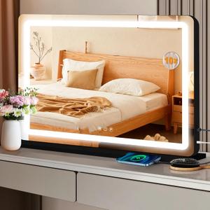 Ratsamee Vanity Mirror with Lights, Led Makeup Mirror, Lighted Makeup Mirror with 3 Color Dimmable Lights, Smart Touch Screen Control, Aluminum Metal Frame,USB Charging Port