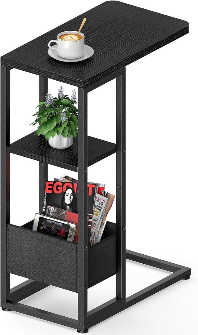 C Shaped End Table, Small Side Table for Couch, Recliner, Slide Under Sofa Tray Desk Snack Tables with Storage Bag for Living Room, Bedroom, Small Spaces - Black